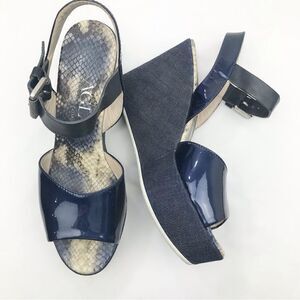AGL Attilio Giusti Leombruni Blue Patent Leather, Denim, Snakeskin Wedge Sandal